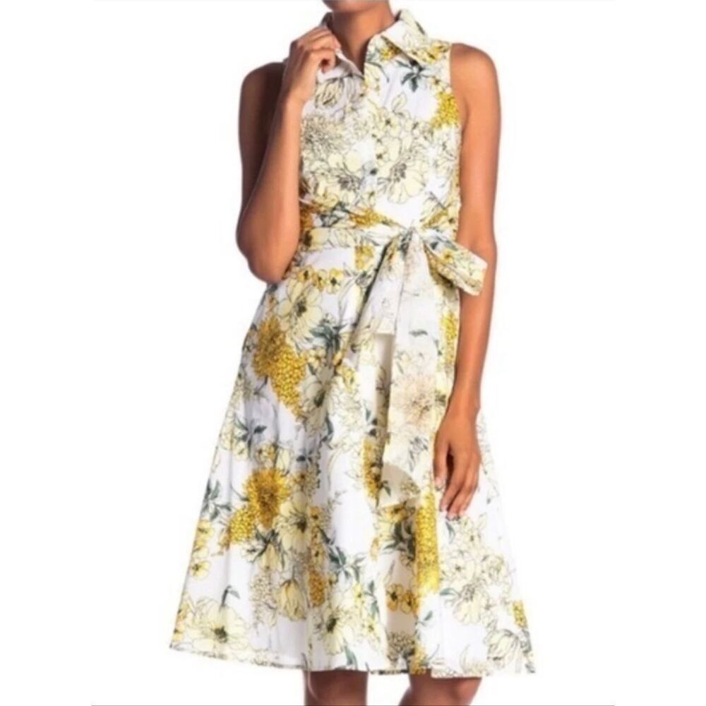 Chetta B Womens Sleeveless Floral Print Button Front A Line Dress Yellow Size 4